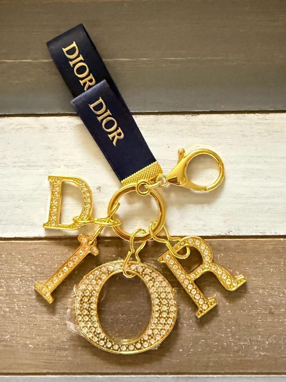 Dior Beauty GWP Gold Crystal Letter Key Charm with Navy Ribbon